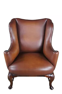 Theodore Alexander Georgian Brown Leather Mahogany Wingback Library Club Chair • $2800