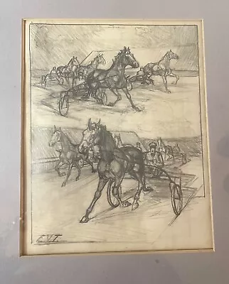 Antique Original Pencil Drawing Horse Harness Track Racing Realism EVT Sketch • £288.17