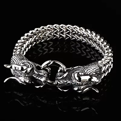 Heavy Stainless Steel Chinese Dragon Heads Franco Box Chain Cuban Men's Bracelet • $17.09