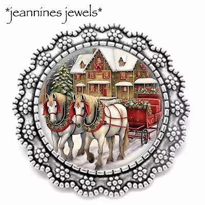 Horse Drawn Christmas Carriage BROOCH Pin Vintage Art Print Horse Lover Gift • $21.99