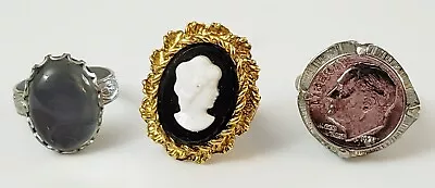 3 Vintage Unsigned Cocktail Adjustable Silvertone Ring Lot Cameo Roosevelt Dime  • $49.99