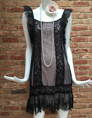 Oasis Nude Black Lace 1920s Flapper Inspired Party Dress Size S + FREE Necklace • £39.95