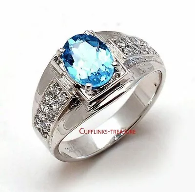 Natural Blue Topaz & CZ Gemstone With 925 Sterling Silver Ring For Men's #5454 • $80.75