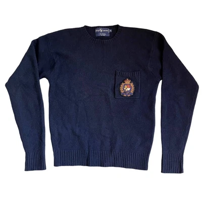 $40 • Buy Vintage Ralph Lauren Sweater Crest Navy Blue Lambswool Cashmere Size M
