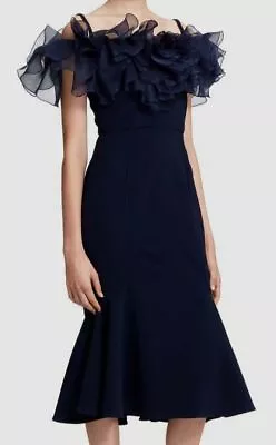 $7948 Marchesa Women's Blue Cold-Shoulder Square-Neck Ruffle Fit Flare Dress 2 • $797.98