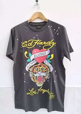 Men's Black Ed Hardy Love Runs Wild Tiger Print T-Shirt Rare Sample Size Medium • £39.95