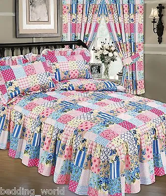 £36.99 • Buy Patchwork Blue Bedspread Set Extra Deep Frill Pink Cream Polka Dot Flower Stripe
