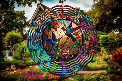 10 Inch Faux Stained Glass Hummingbirds Wind Spinner- Outdoor Hanging Spinner • $18