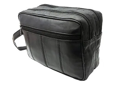 Mens Large Soft Genuine Leather Toiletry Travel Wash Bag Travel Kit Overnight • £8.95