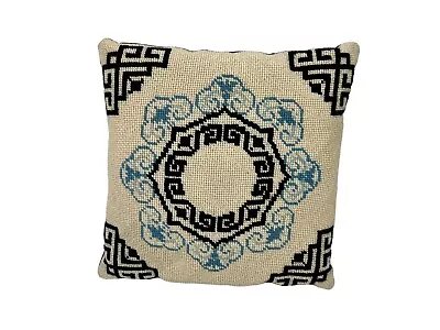 Needlepoint Pillow 10 X 10 Throw Square Cream Blue Vintage Velvet • $34.98