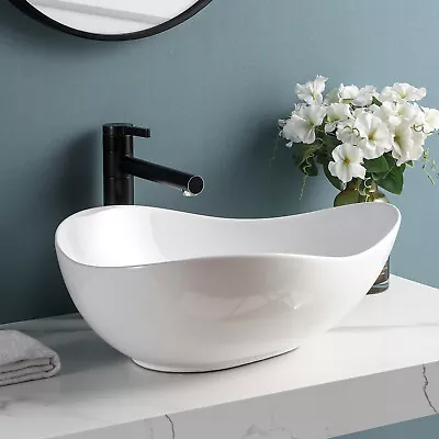 Bathroom Sink Vessel Art Basin Ceramic Sink Countertop Sink+Pop-up Drain White • $79.19