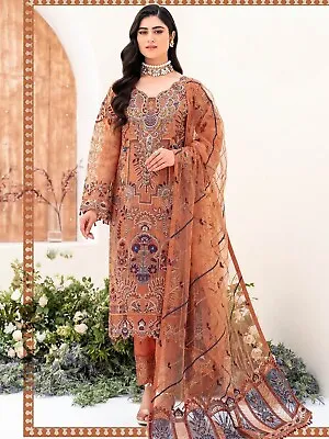 Pakistani Designer Embroidered Organza Suit 3 PC Unstitched Shalwar Kameez Dress • £34.99