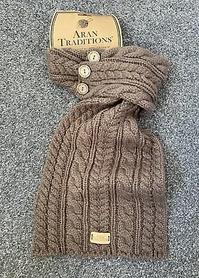 Aran Traditions Knitted Button Wrap Acrylic Cable Knit Scarf Light Brown New • £18