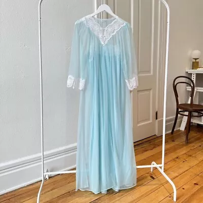 Vintage 50s Blue Maxi Nightgown Sz M/L Sheer Lace Set Balletcore Miss Elaine • $58