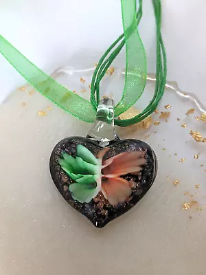 Murano 2 Tone Butterfly In Glass Heart Pendant On Green Thong Necklace D14 • £5.50