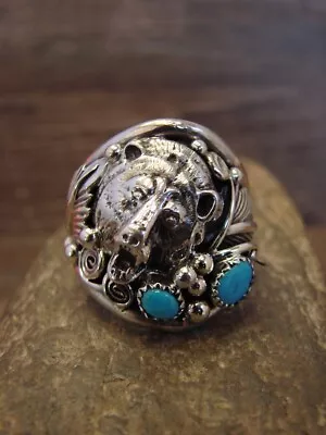 £112.91 • Buy Navajo Sterling Silver & Turquoise Growling Bear Ring By Saunders -  Size 13.5