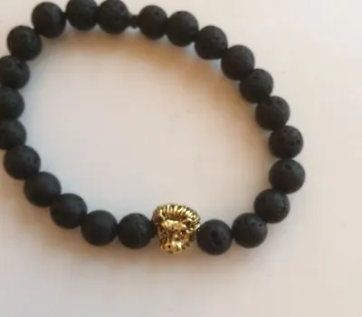 UK Mens  Black Lava Stone/Rock Beads   With Gold Lion Head 8  Bracelet.Gemstone • £3.99