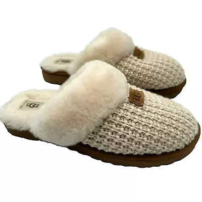 UGG | Women's 12 Cozy Knit Cream Shearling Sheepskin Fur Slippers Soft Warm EUC • $98