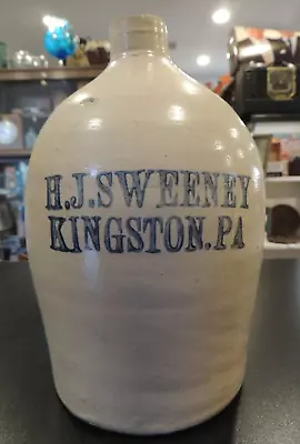 Old H.J. Sweeney Kingston PA Antique Stoneware Jug W/ Blue Print • $99.97