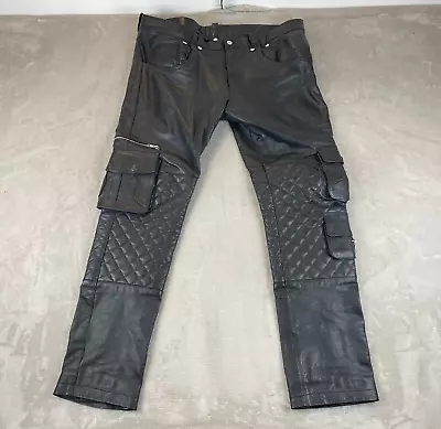 Vintage Leather Pants Men 40x33 Black Cargo Pockets Lined Padded Knee Motorcycle • $145.38