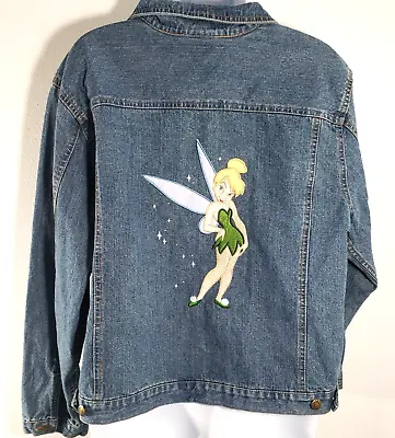Vintage Disney Jacket Tinkerbell Womens XL Blue Denim Jean Embroidered Casual • $34.95