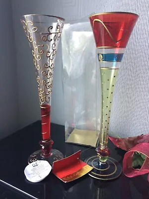 2x Salco Elegance Tall Candle Holder Glass Hand Painted Décor Funnel Candlestick • £10