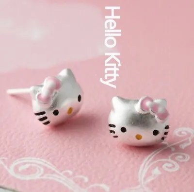 $8.99 • Buy Adorable Silver SP Pink Bow Hello Kitty Cat Kitten Stud Earrings