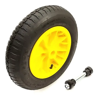 3.50-8 Plastic Wheel Pneumatic Tyre & Axle Set 14 Inch Yellow Wheelbarrow Barrow • £13.99