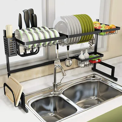 2-Tier Over Sink Dish Drying Rack Stainless Steel Cutlery Drainer Kitchen Shelf • $12.40