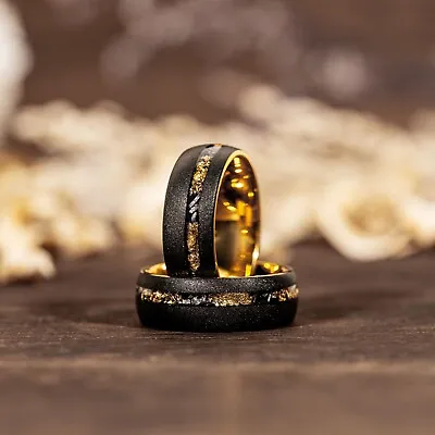 Sandblasted Gold Leaf Meteorite Ring Black Tungsten Mens Wedding Band Mens Ring • $99.99