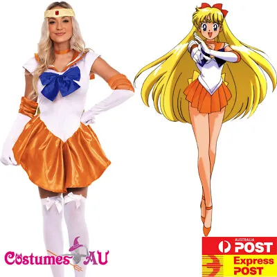 Ladies Sailor Moon Venus Costume Orange Anime Japanese Cartoon Fancy Dress • $37.99