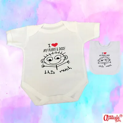 Funny Baby Grow-With Bib Set-I Love My Mummy & Daddy This Much-Baby Gift Sets • £8.49