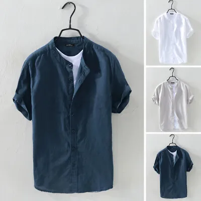 Men Short Sleeve Linen Solid Casual Shirts Collarless Grandad Holiday Blouse Top • $15.37