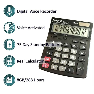 PBN-BVCALC - Black Vox Calculator Covert Audio Recorder With VOX & Time & Date F • $294.99