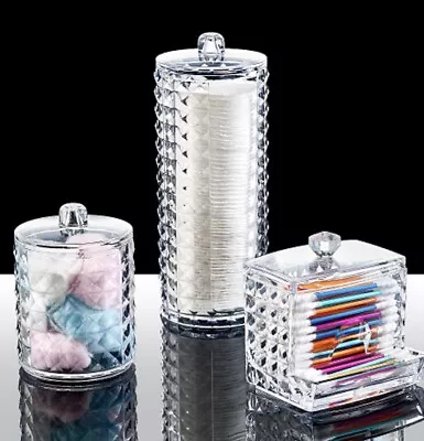 3 Pcs Diamond Makeup Organizer Storage Set Acrylic Cotton Wool Bud Disc Holder • £11.99