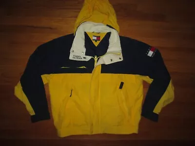 TOMMY HILFIGER Vtg 90s Y2k Yellow Color Block Sailing Ski Jacket Hoodie Coat S • $85.44