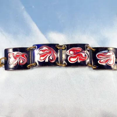 Vintage Enamel Over Copper 4 Large Link Bracelet Blue Red Paint Swirl Wide LINKS • $19.99