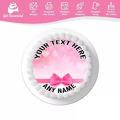 Pink Bow Love Heart Personalised Cake Icing Topper Edible Cupcake Decoration • £2.49