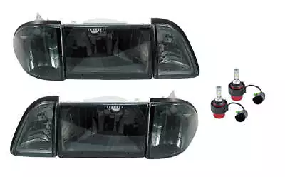 1987-1993 Mustang Euro Smoked Headlights 6 Piece Set Amber Sides 6500K LED Bulbs • $179.95