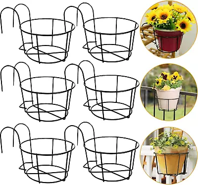 🌷  Round Hanging Railing Planter Baskets 6 PCS Metal Outdoor Black 6in Wide • $40.49