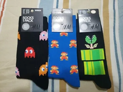 Lot 3 Super Mario Pacman H&M Dress Socks Mens 10-11.5 New OOP With Tags Vintage  • $15