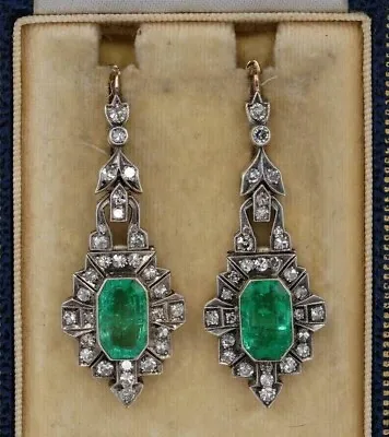 Art Deco Vintage Style Lab Created Emerald & Diamond Wedding 925 Silver Earrings • $87.50