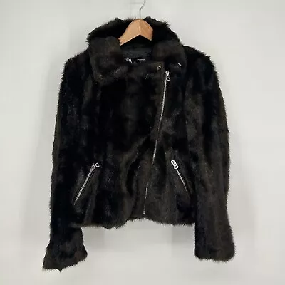 Zara Jacket Womens Medium Brown Faur Fur Coat Full Zip Collared • $15