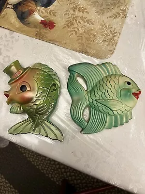 Vintage Chalkware Anthropomorphic Green Fish Wall Plaques • $35