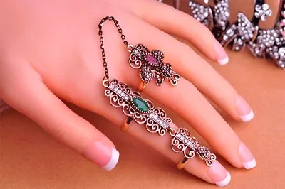 Gorgeous Vintage Turkish HighQuality Flower Double Finger Rings Resin Adjustable • $20.19