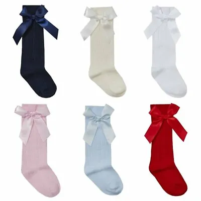 Girls Knee High Bow Socks Baby Toddler Cotton Rich Long Socks • £3.75