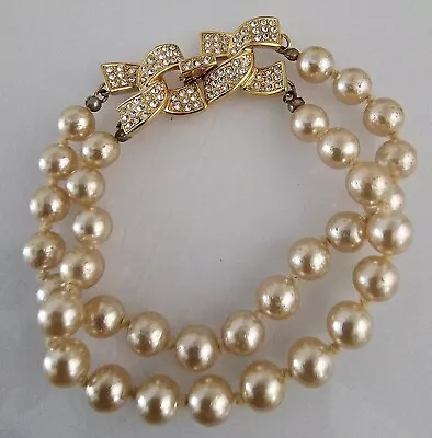 Kenneth Jay Lane Vintage Faux Cream Pearl Rhinestone Bow Clasp 2 Strand Bracelet • $19.99