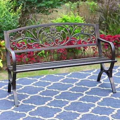 50 Inches Outdoor Garden BenchCast Iron Metal Frame Patio Park Bench With Fl... • $183.10