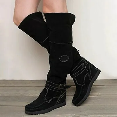 Women's Knee High Moccasin Style Buckle Trim Boots • $49.98