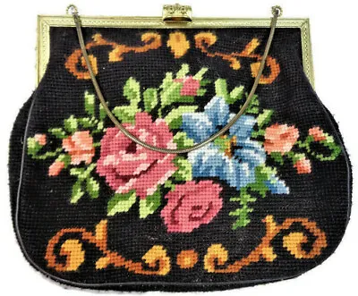 Large Needlepoint Petit Point Handbag Austrian Embroidered Floral Bag 60s • $90